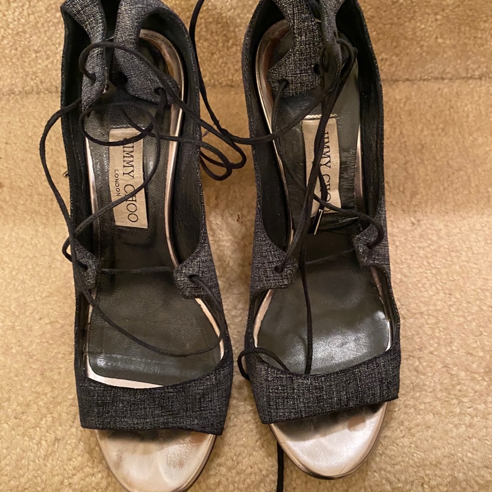 Jimmy Choo 39 Blue Suede Open Toe Lace up Sandal